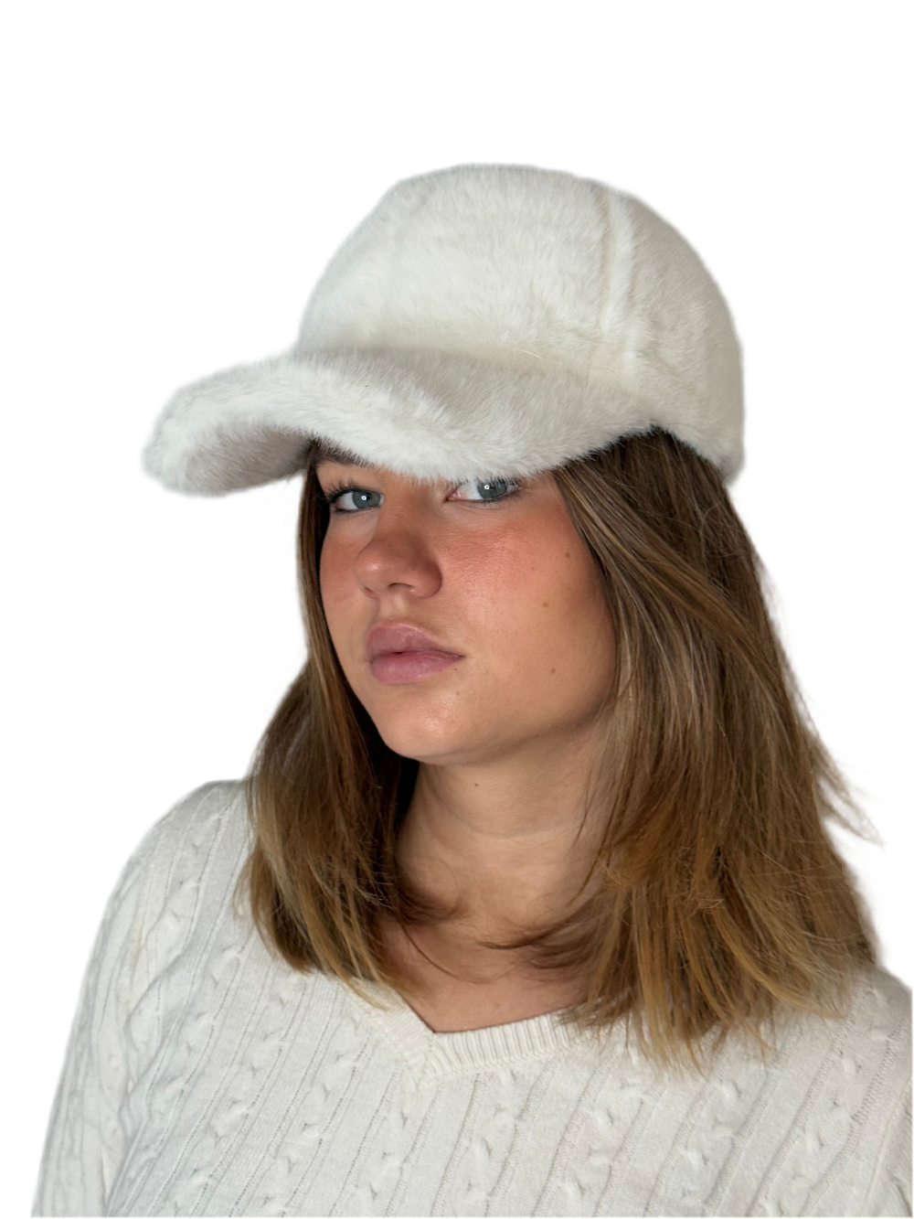 Off-white Kunstfell Cap für Damen größenverstellbar