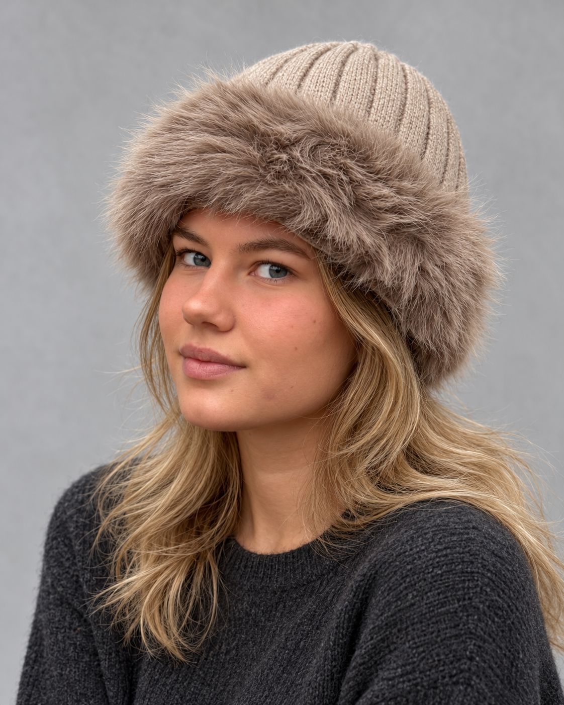 Strickmütze Damen mit Kunstfell
