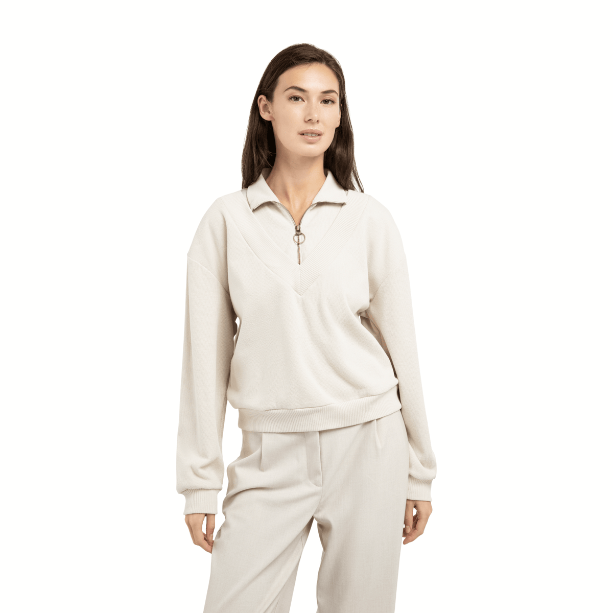 YAYA Pullover mit Doppelkragen und Zipper – Beige