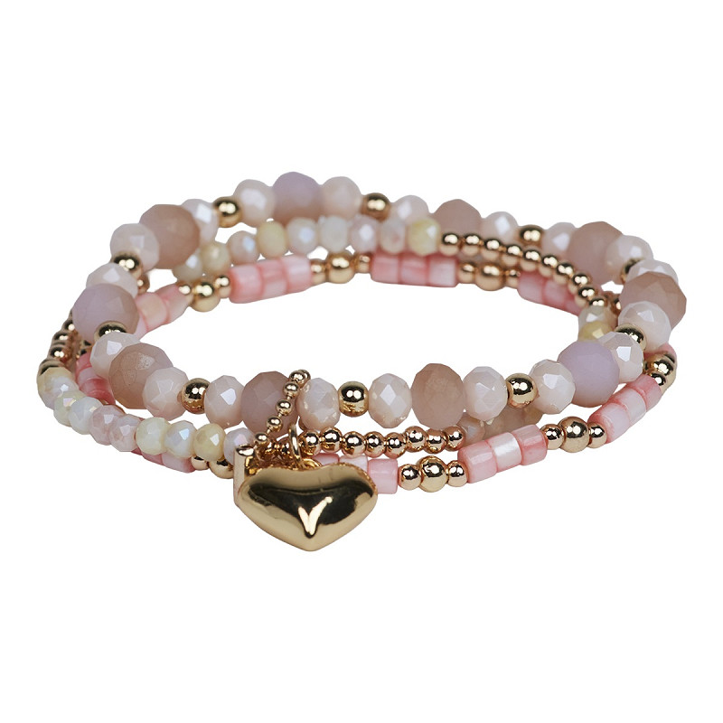 The Moshi Perlenarmband Ruby mit rosa Glasperlen und goldenem Herz Anhänger, elastisches Armband Set