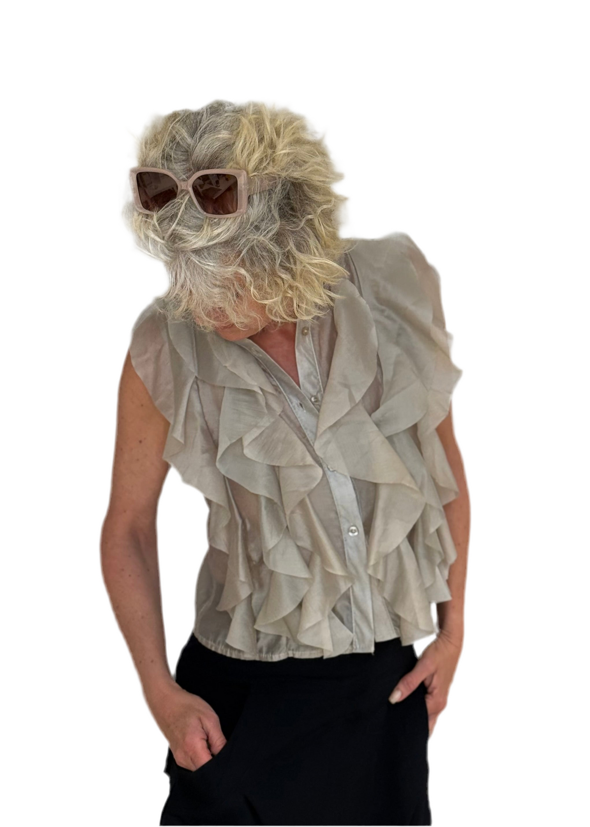 KIEL ärmellose Volantbluse – Taupe