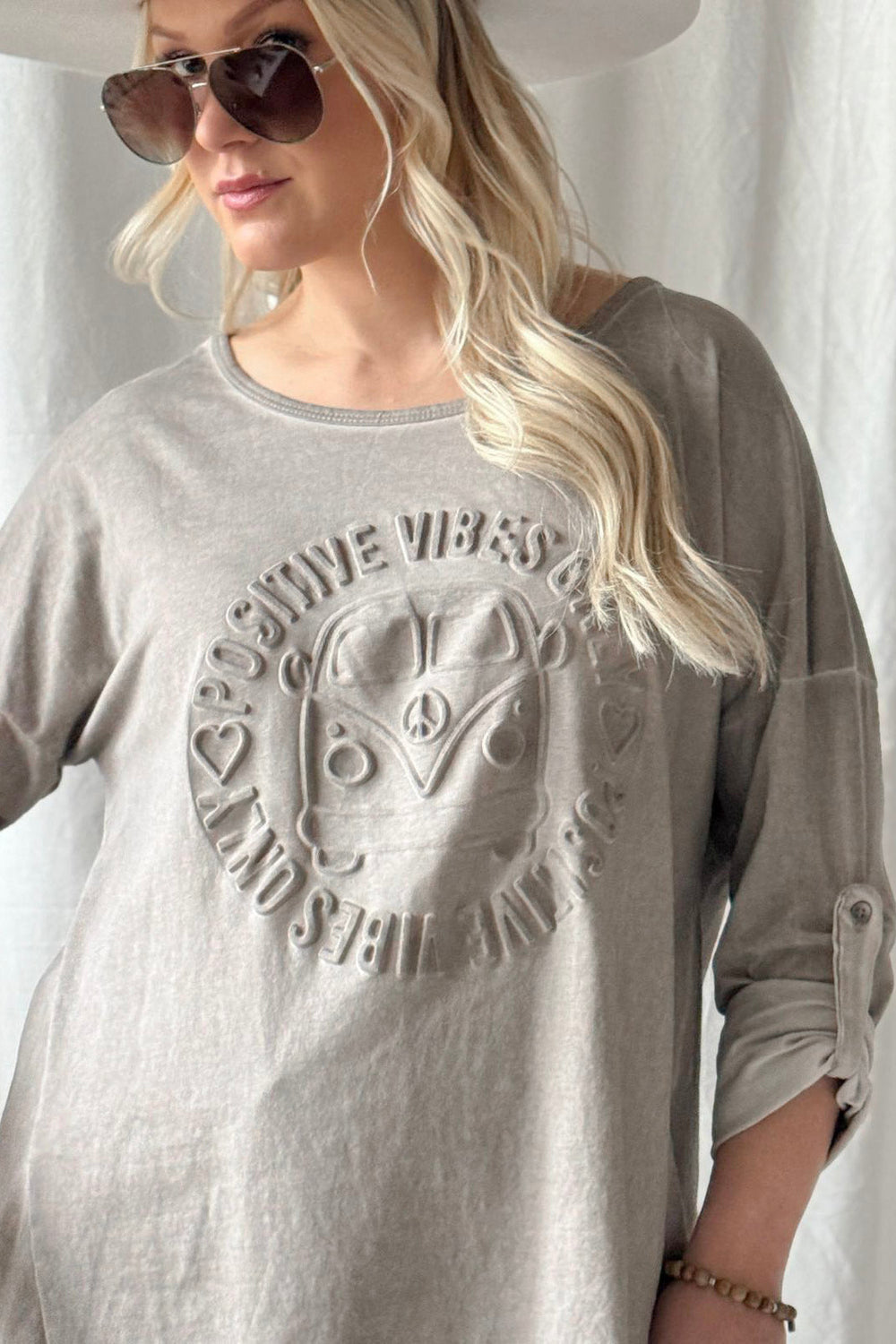ByPias Bohemian Longshirt mit Print – Vintage Wash Taupe | One Size