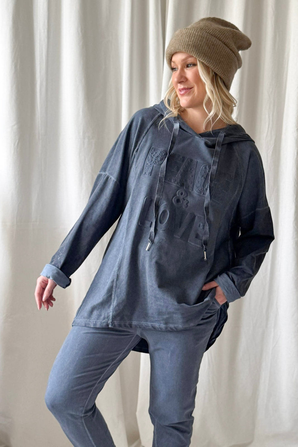 ByPias Bohemiana Hoodie – Peace & Love | Denim Blue | One Size