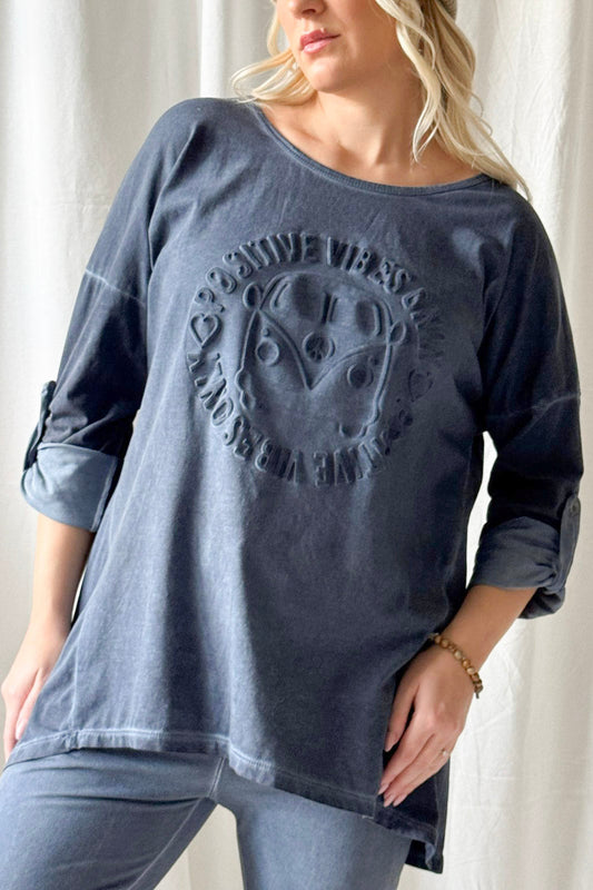 ByPias Bohemian Longshirt mit Print – Vintage Wash Denim Blue | One Size