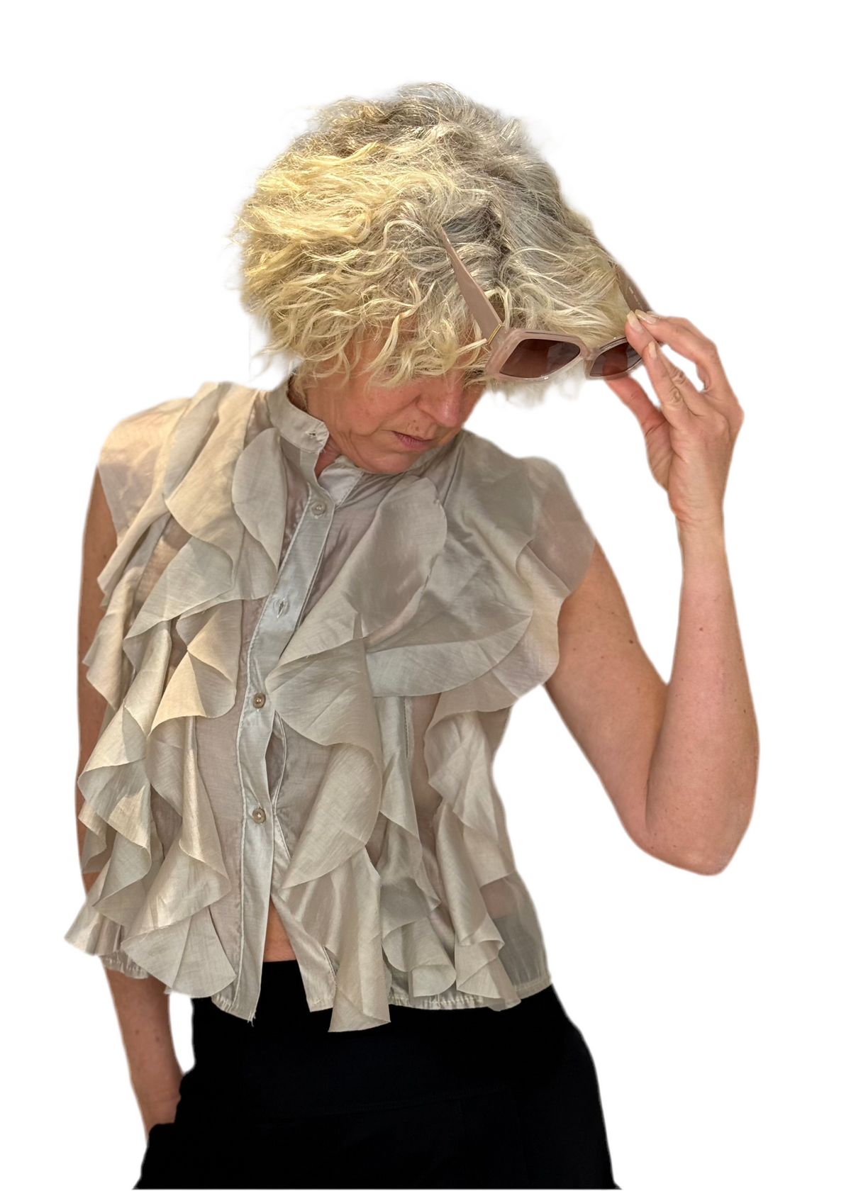 KIEL ärmellose Volantbluse – Taupe