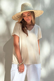 Bambus T-Shirt Damen DAILY mit V-Ausschnitt – Beige | BYPIAS
