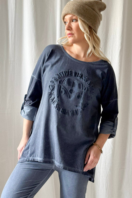 ByPias Bohemian Longshirt mit Print – Vintage Wash Denim Blue | One Size