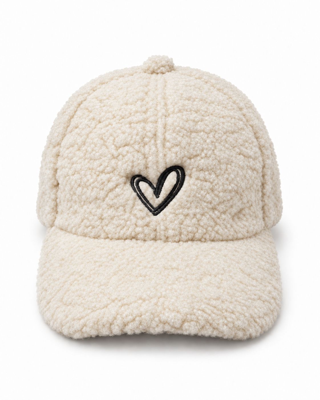 Cremefarbene Teddy-Plüsch Baseball Cap mit Herzstickerei 