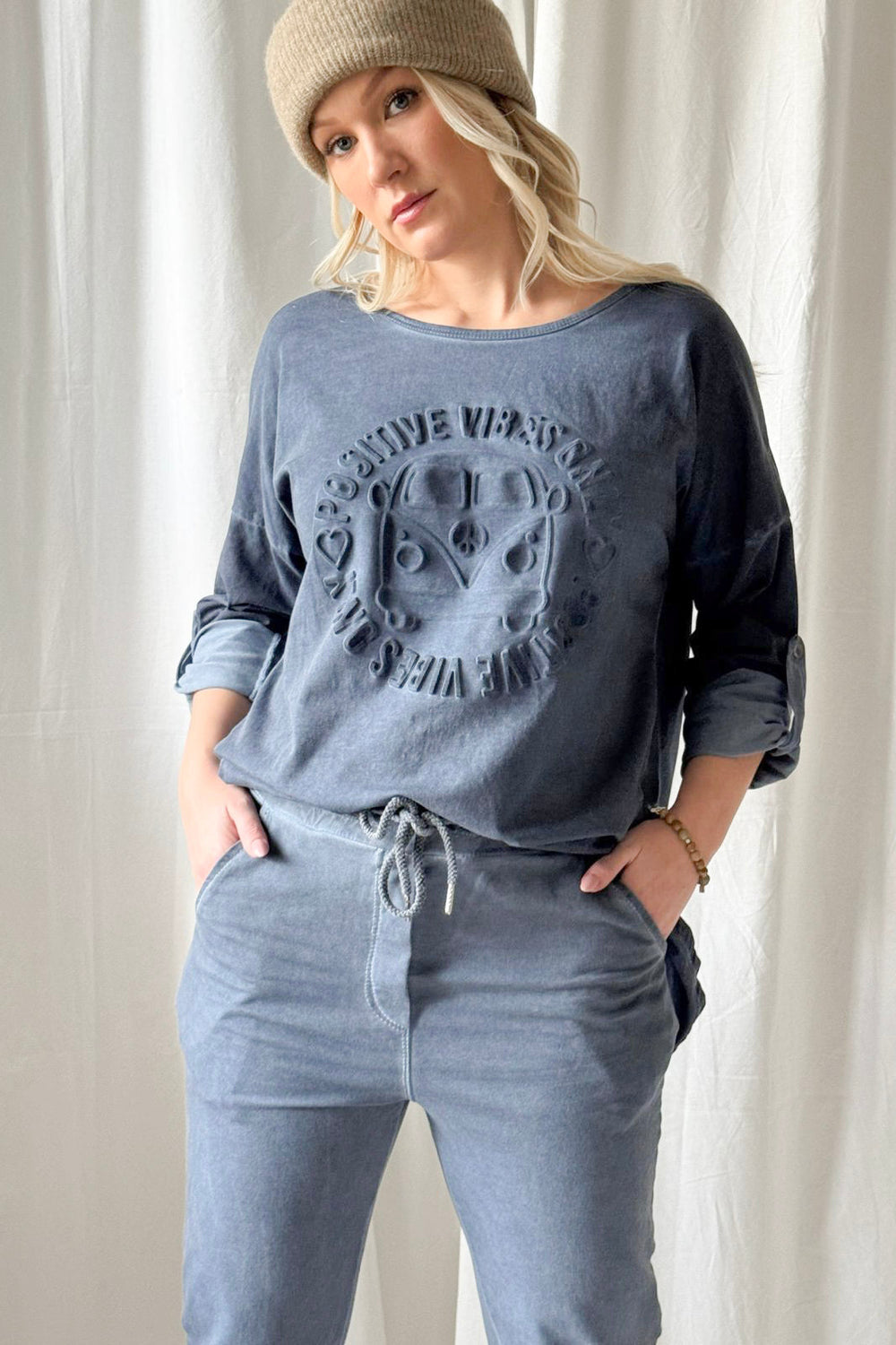 ByPias Bohemian Longshirt mit Print – Vintage Wash Denim Blue | One Size