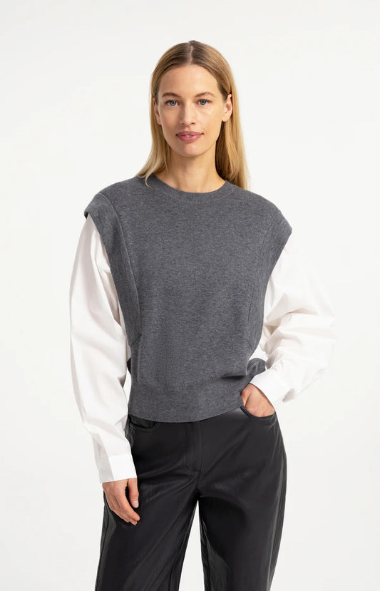 YAYA 2-in-1 Damen Pullover mit grauem Pullunder und weißen Blusenärmeln