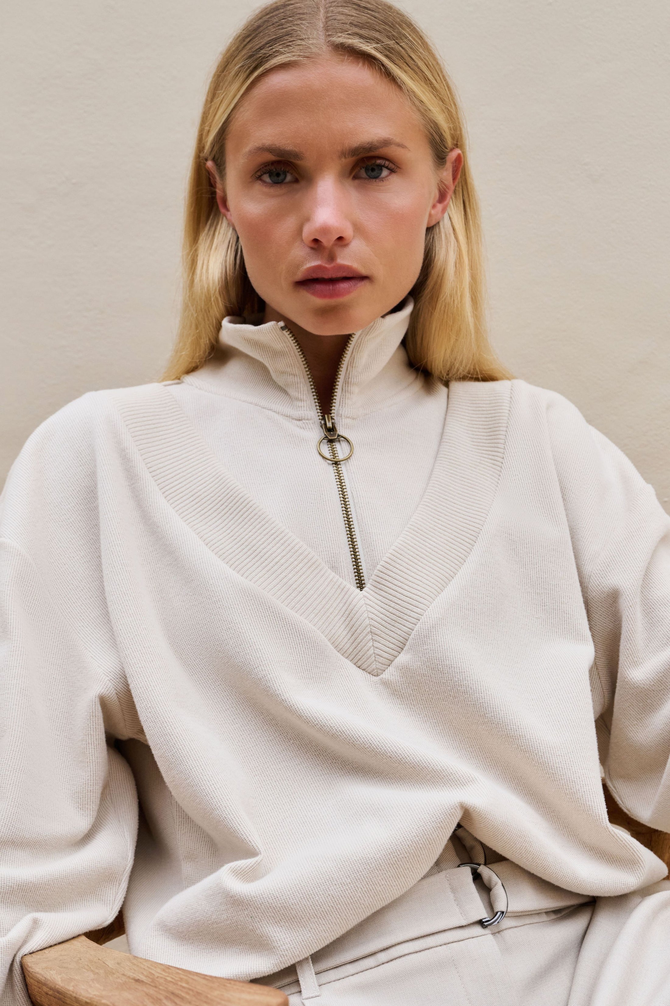 YAYA Pullover mit Doppelkragen und Zipper - Beige
