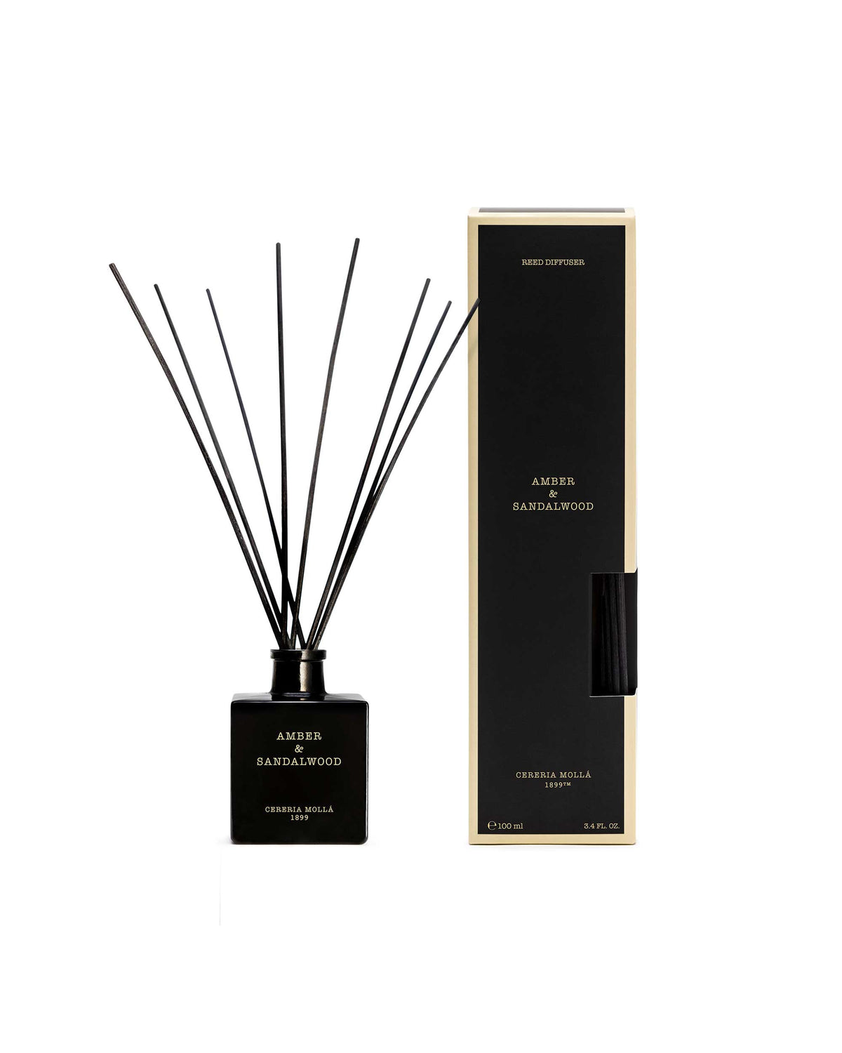 Amber & Sandalwood Diffuser 100 ml von Cereria Mollá mit schwarzen Rattanstäbchen mit Verpackung