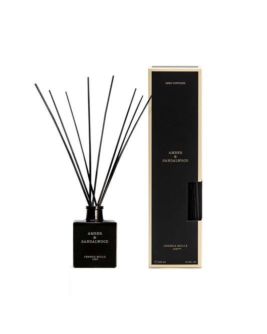 Amber & Sandalwood Diffuser 100 ml von Cereria Mollá mit schwarzen Rattanstäbchen mit Verpackung