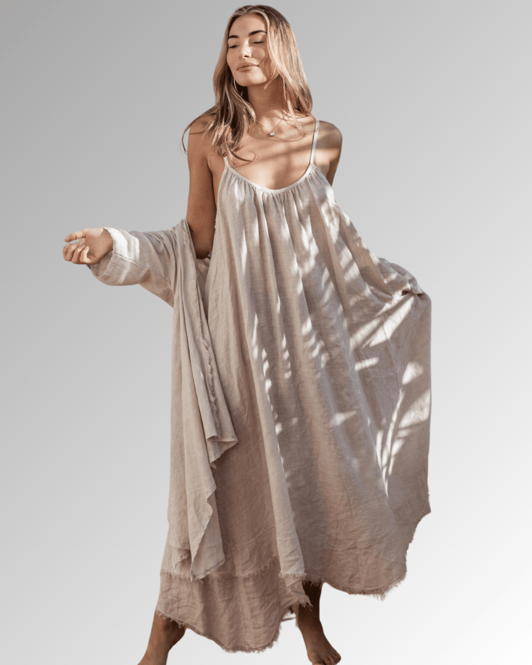 Leinenkleid Maxikleid mit Spatghettiträgern Bypias Bohemiana
