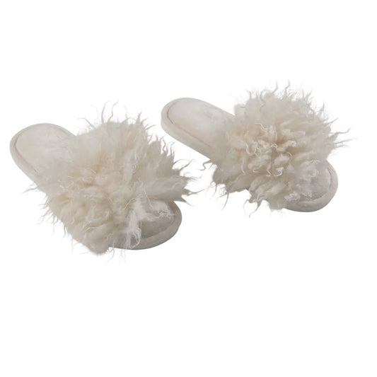 CURLY Pantoffeln in Off-White mit lockiger Lammfelloptik