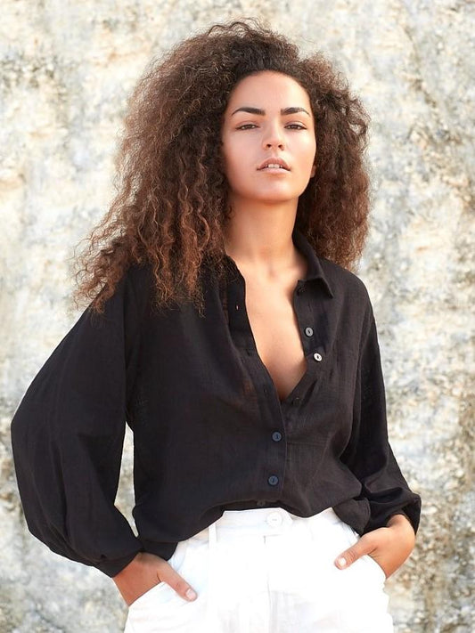 Luciee Bluse Arya – Baumwollbluse mit Blouson Ärmeln in Schwarz