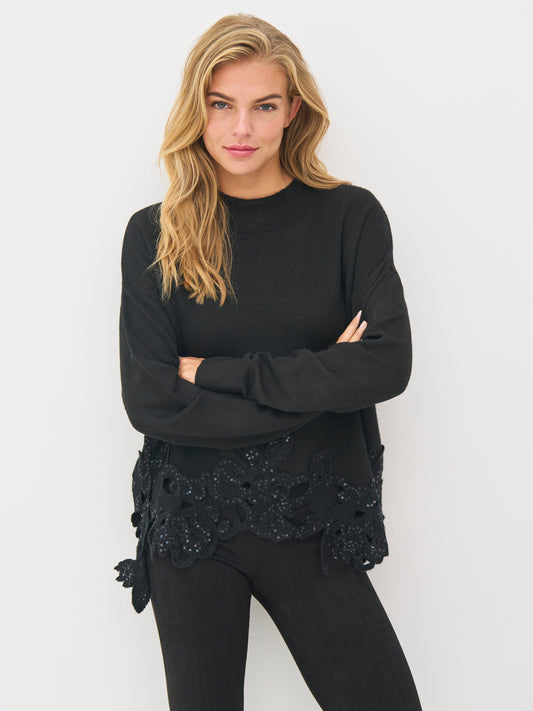NÜ Denmark BOBBI Strickpullover in Schwarz mit Spitzenkante und Pailletten