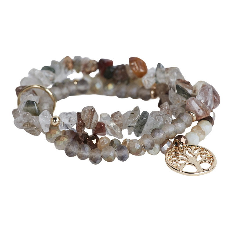 The Moshi Perlenarmband Norea mit Glasperlen in Braun und Beige und Lebensbaum Anhänger, elastisches Boho Armband Set