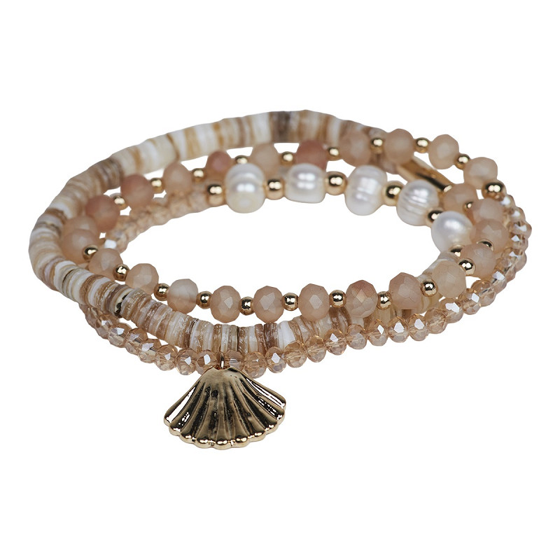 The Moshi Perlenarmband Layla mit beigen Glasperlen und goldfarbener Muschel, elastisches Armband Set