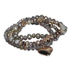 The Moshi Perlenarmband Violet mit Glasperlen in Naturtönen und Herz Anhänger gold, elastisches Boho Armband Set