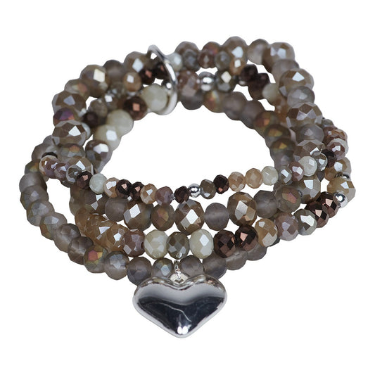 The Moshi Perlenarmband Violet mit Glasperlen in Naturtönen und Herz Anhänger silber, elastisches Boho Armband Set