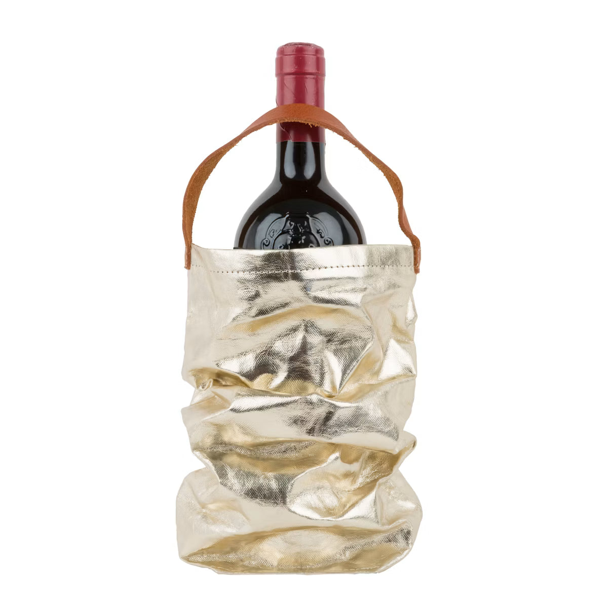 UASHMAMA Wine Bag Metallic in gold  – Weintasche aus waschbarem Papier mit Ledergriff