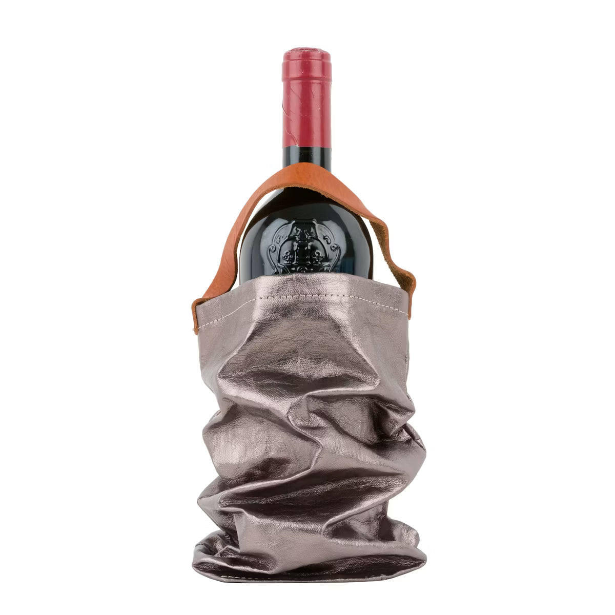 UASHMAMA Wine Bag Metallic in Zinn – Weintasche aus waschbarem Papier mit Ledergriff