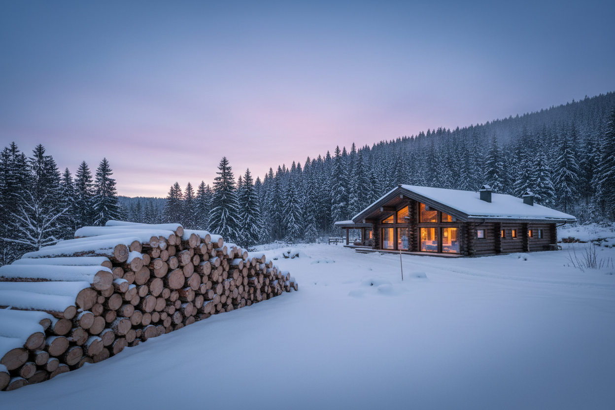 Winterlandschaft mit vielen Tannen und Bergkiefern, frisch geschlagenem Holz vor einer modernen Blockhütte. Stimmung: Dämmerung