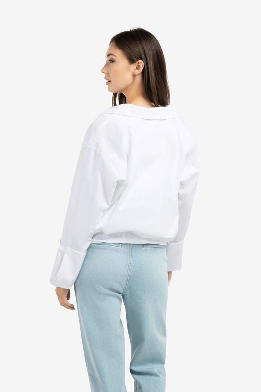 YAYA Ballonbluse mit V-Ausschnitt aus Baumwolle – Weiß