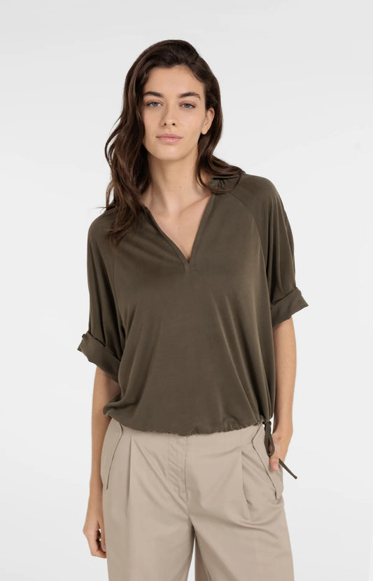 YAYA Jersey-Oberteil mit Zierfalten und V-Ausschnitt – Military Green