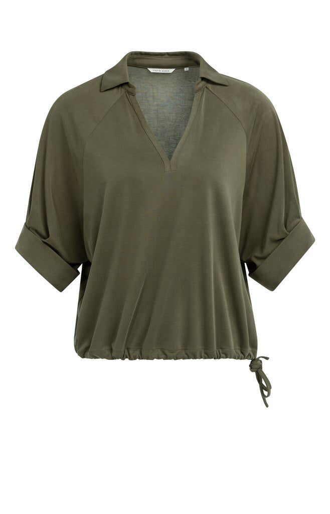 YAYA Jersey-Oberteil mit Zierfalten und V-Ausschnitt – Military Green