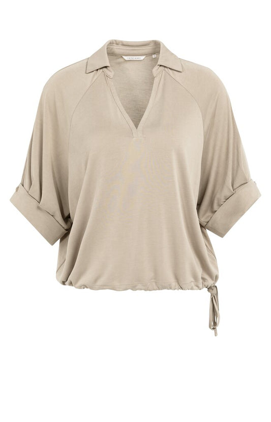 YAYA Jersey-Oberteil mit Zierfalten und V-Ausschnitt – Taupe