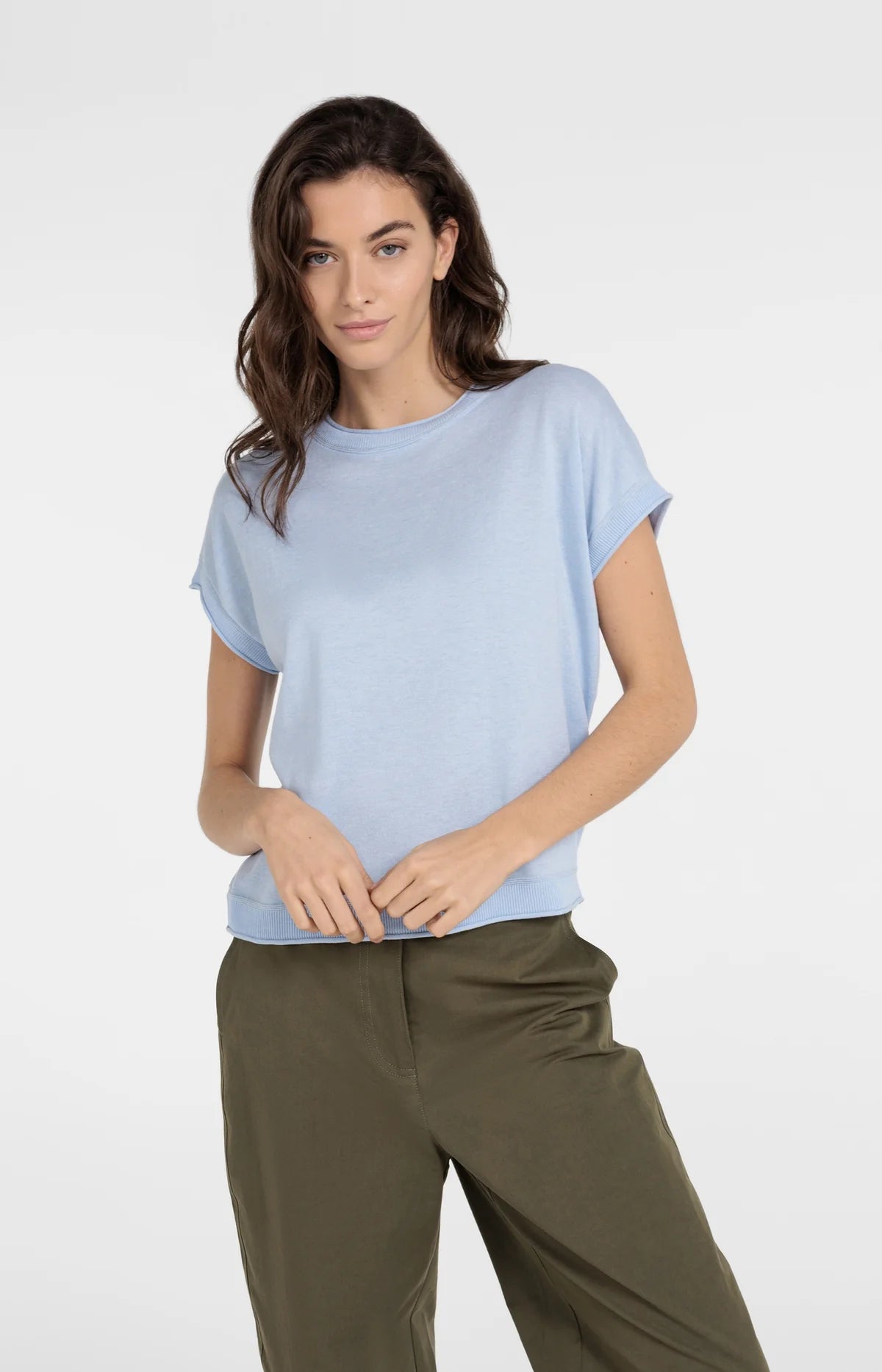 YAYA Strick T-Shirt mit Kontrastbündchen – Babyblau melange