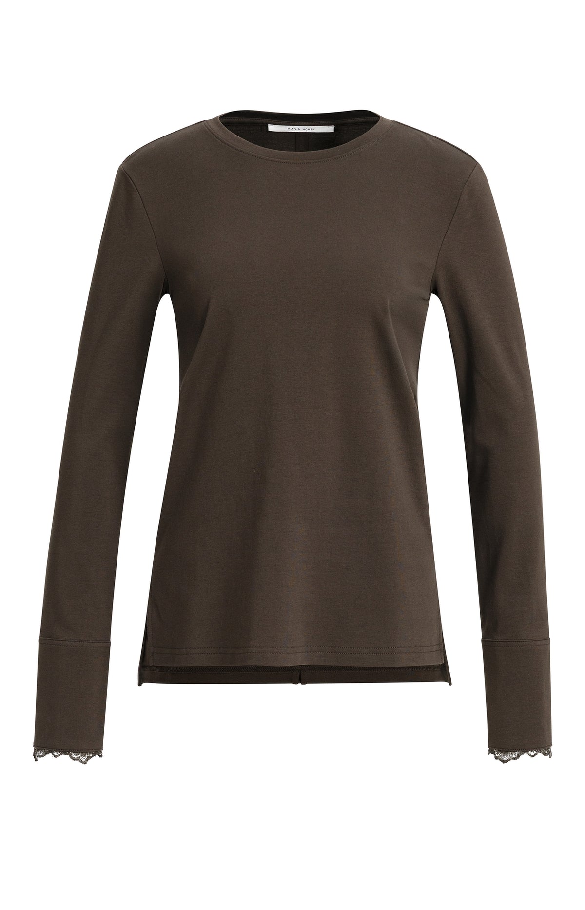Langarmshirt mit Spitzenbündchen – Dunkelbraun