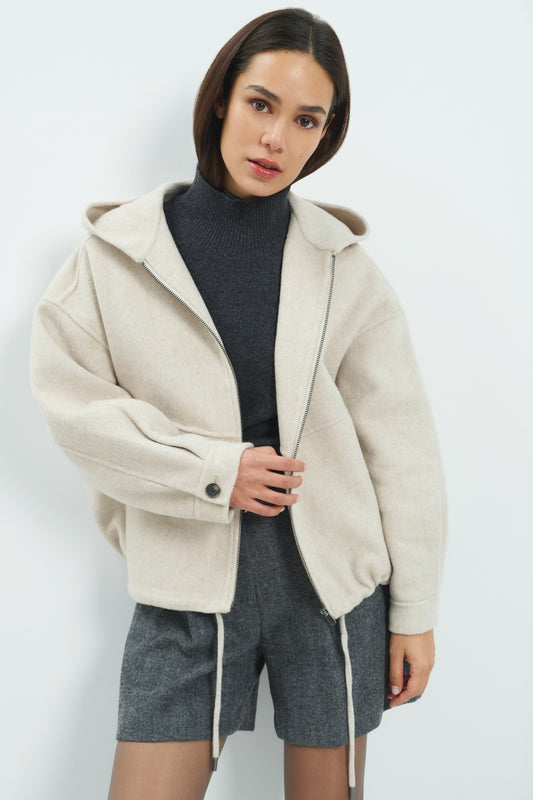 Oversize-Jacke aus Wollmix mit Kapuze – Hellgrau