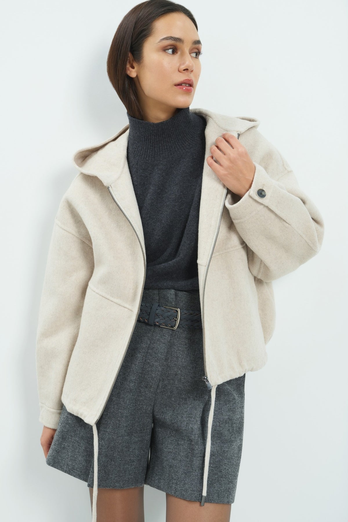 Oversize-Jacke aus Wollmix mit Kapuze – Hellgrau