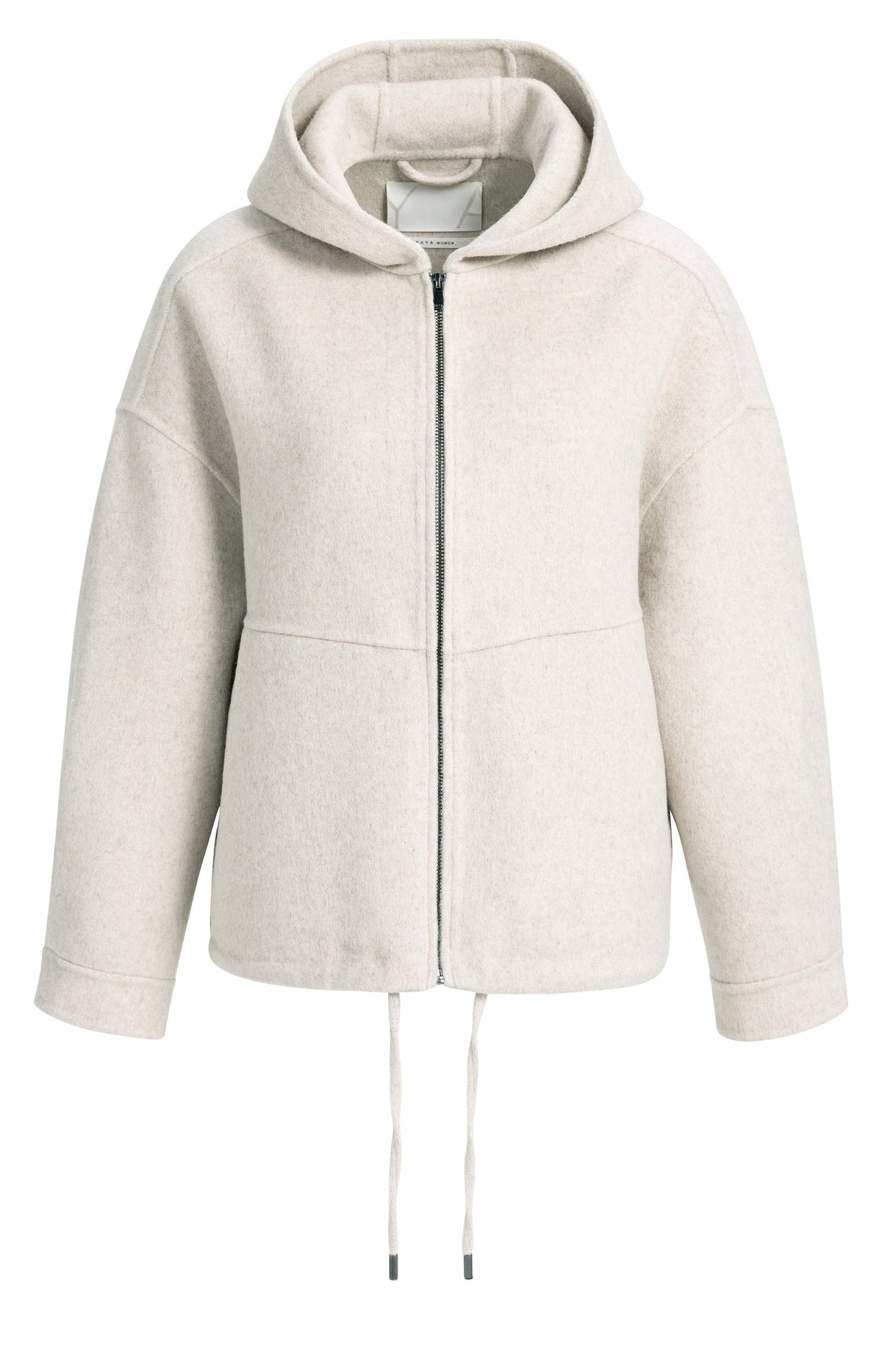 YAYA Oversize-Jacke in sehr hellem Grau meliert mit Kapuze, Reißverschluss und überschnittenen Schultern.