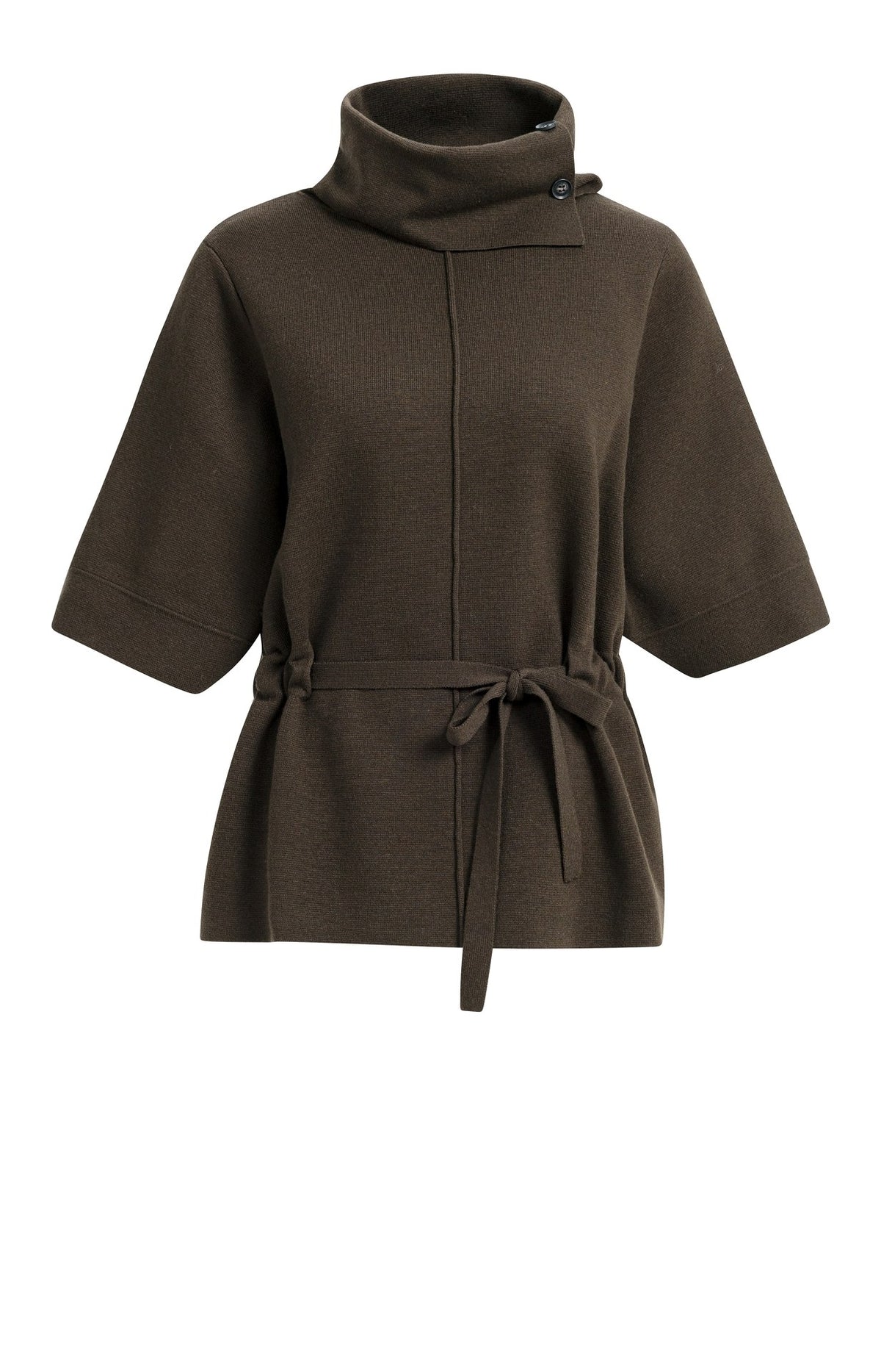 Pullover mit hohem Kragen und Bindegürtel – Dunkelbraun