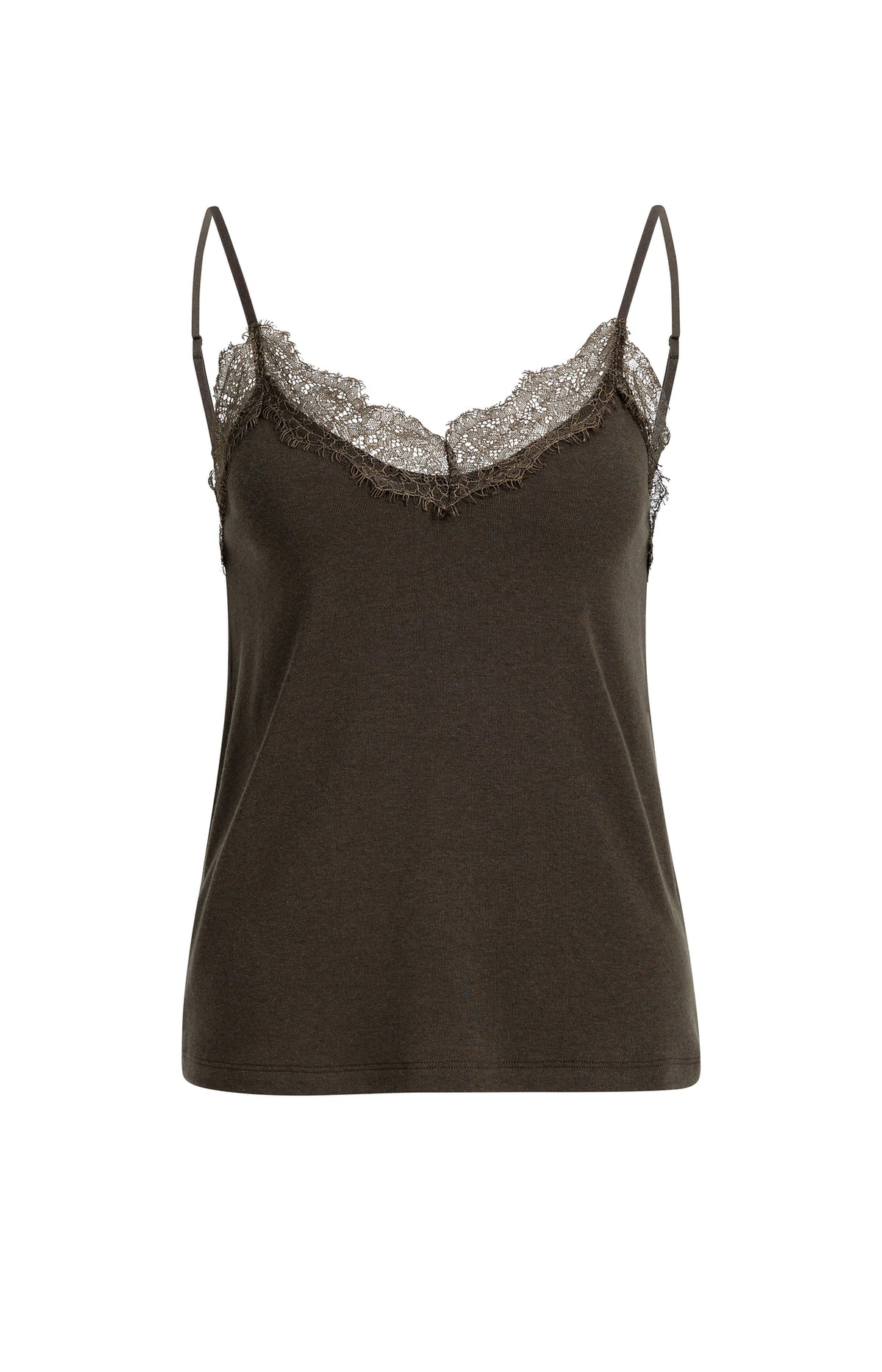 Jersey-Top mit V-Ausschnitt und Spitze – Braun