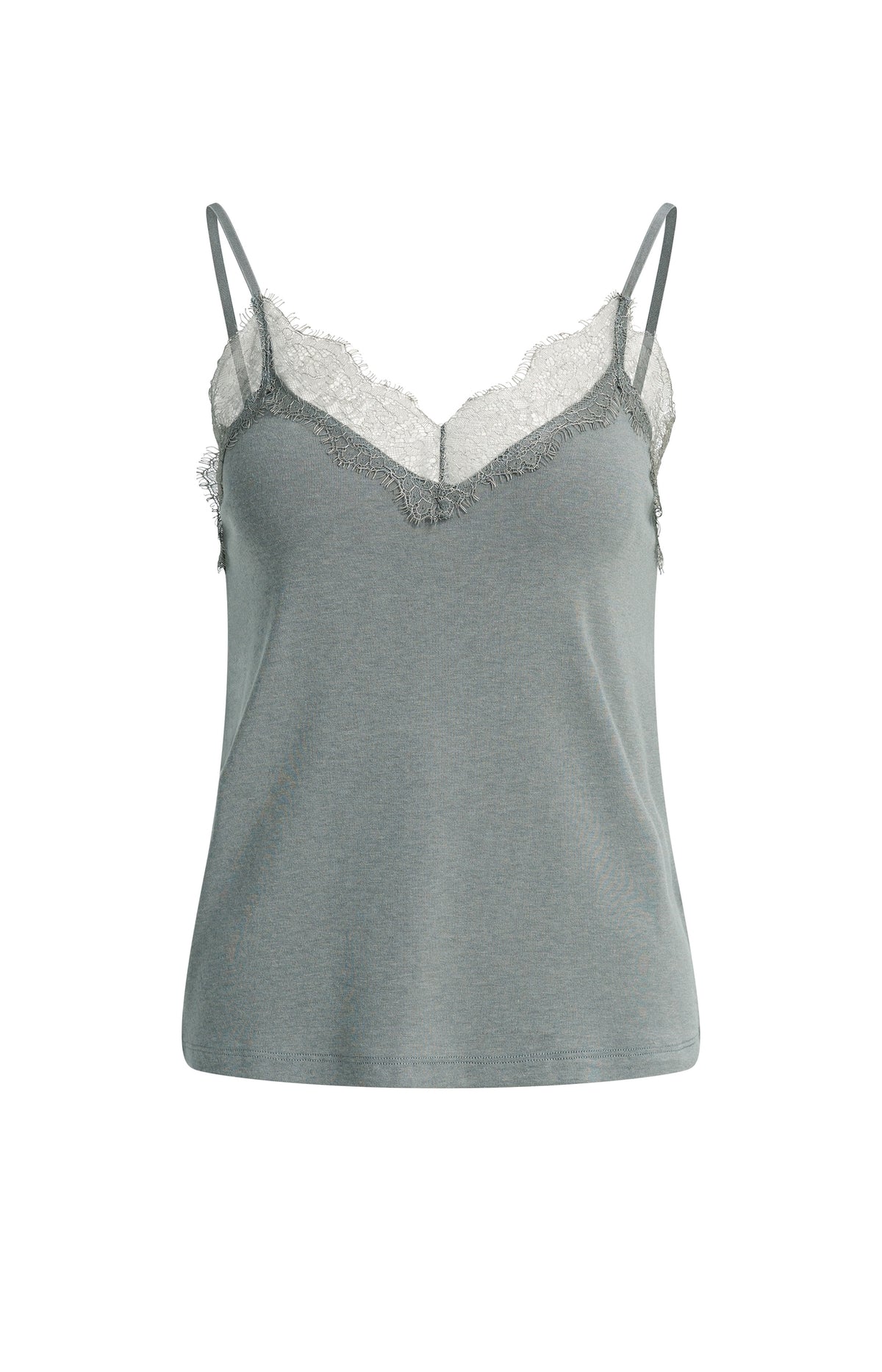 Jersey-Top mit V-Ausschnitt und Spitze – Grau