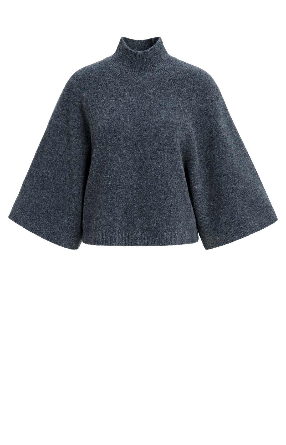 YAYA Strickpullover in Anthrazit meliert mit hohem Kragen und weiten Dreiviertelärmeln, Vorderansicht.