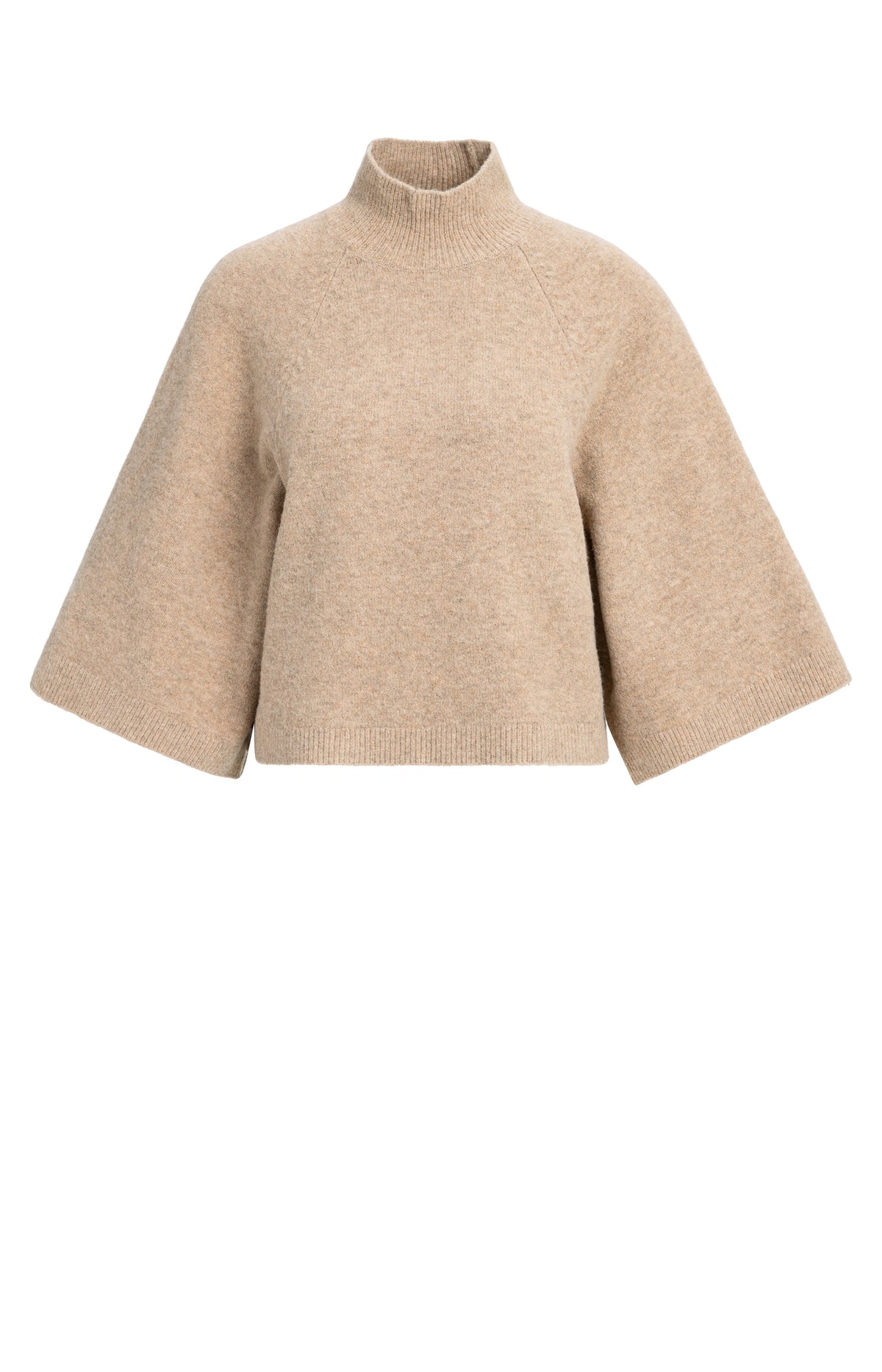 YAYA Strickpullover in Beige meliert mit hohem Kragen und weiten Dreiviertelärmeln, Vorderansicht.