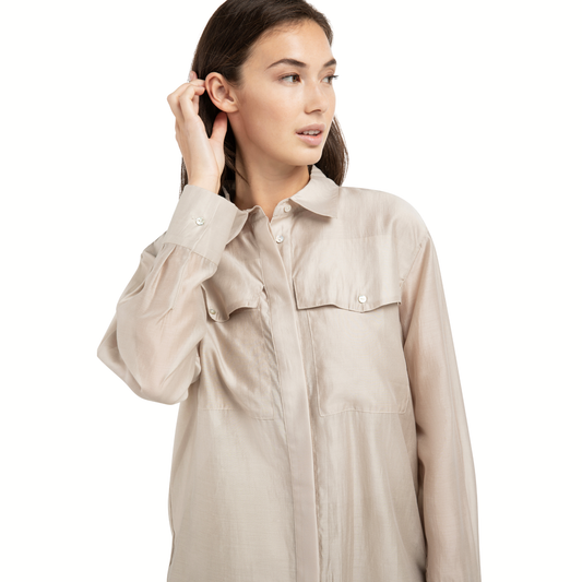 YAYA Bluse transparent mit Brusttaschen - Grün / Beige